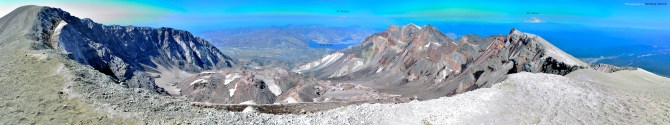 st helens info 2 watermark st helens panorama crater ridge rim fumes monitor spirit lake mt rainier mt adams volcano washington ash view hike postcard